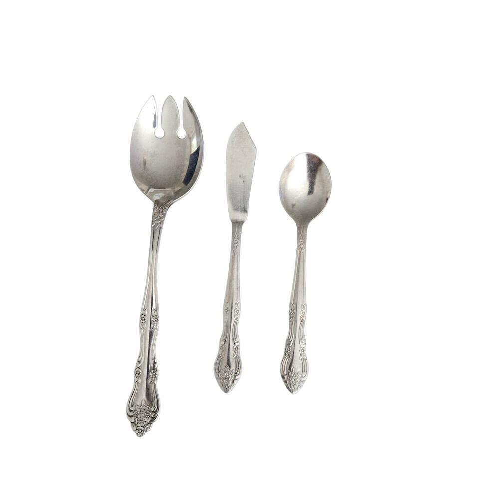 WM Rogers Dream Rose Stainless Flatware Serving Set 3 Pc Korea Vintage
